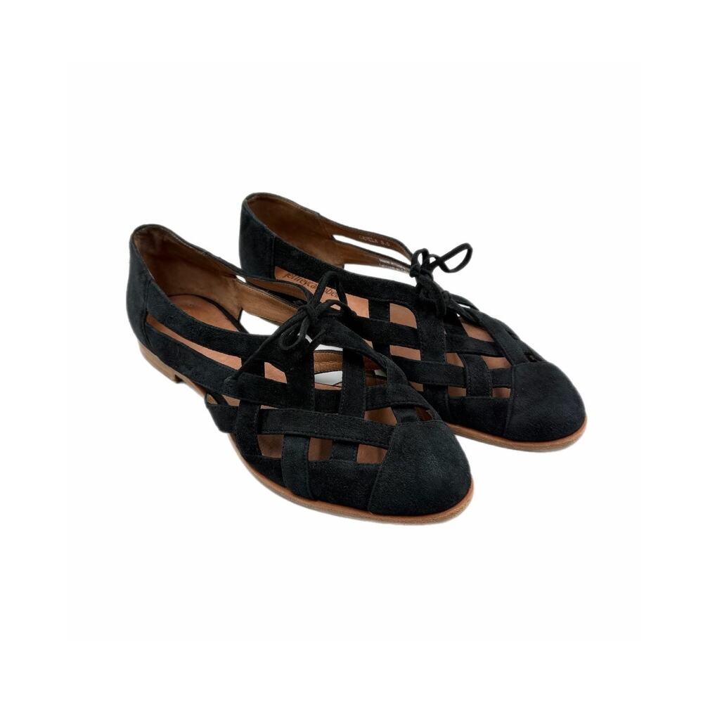 Jeffrey Campbell Black Suede Canela Lattice Cut Out Boho Indie Lace Up Flats